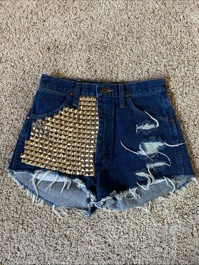 Wrangler Dark Blue Distressed Denim Shorts with silver Stud Panel